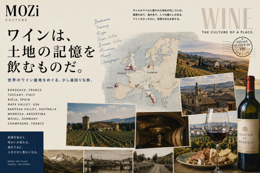 ボルドー、トスカーナ、リオハ、ナパ、メンドーサ、シャンパーニュ。世界のワイン産地を、味だけではなく土地の風景や食、人々の暮らしから読み解く。ワインをきっかけに、まだ知らない世界へ旅をする。